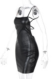 Black Casual Solid Frenulum Backless Spaghetti Strap Sling Dress Dresses