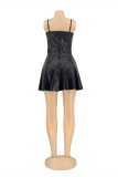 Blue Fashion Sexy Solid Strap Design Square Collar Sling Dress