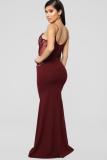 Wine Red Polyester Sexy Fashion Spaghetti Strap Sleeveless Slip A-Line Floor-Length Patchwork Mesh lace persp