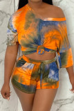Orange Fashion Casual Print Tie-dye V Neck Short Sleeve Two Pieces