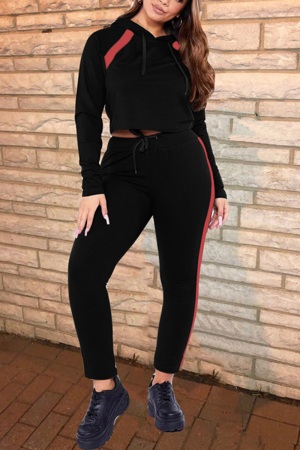 Black Street Solid Patchwork Hooded Collar Long Sleeve Two Pieces