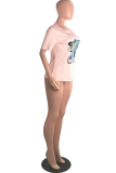 Pink Casual Print Patchwork O Neck Short Sleeve Two Pieces