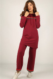 Wine Red Street Striped Two Piece Suits Loose Long Sleeve Two-piece Pants Set