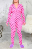 Pink Sexy Print Polyester Long Sleeve V Neck Jumpsuits