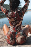 Brown Elegant Print O Neck Regular Rompers