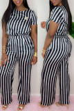 Yellow Fashion Casual Striped Print Basic O Neck Short Sleeve Two Pieces