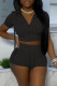 Black Fashion Casual Solid Basic Hooded Collar Short Sleeve Two Pieces