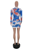 Blue Casual Print Patchwork V Neck A Line Dresses