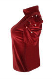 Wine Red Fashion Casual Solid Pearl Turtleneck Tops