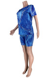 Blue Fashion adult OL Patchwork Print Two Piece Suits pencil Short Sleeve Two Pieces