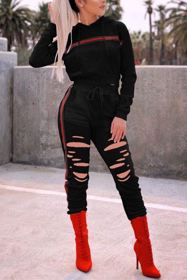 Black Fashion Casual Patchwork Solid Ripped Split Joint Hooded Collar Long Sleeve Two Pieces