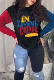 Black Casual Letter Print Patchwork O Neck Tops