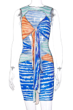Blue Sexy Print Hollowed Out V Neck Pencil Skirt Dresses