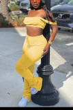 Yellow Casual Solid Boot Cut Sleeveless Two Pieces