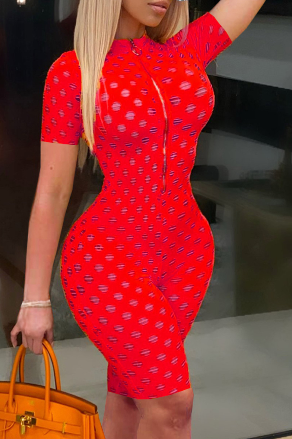 Red Sexy Solid Hollowed Out Zipper Collar Skinny Rompers