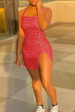 Red Sexy Plaid Buttons Halter Pencil Skirt Dresses