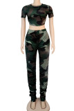 Camouflage Polyester Fashion Sexy adult Ma'am Patchwork Print backless Two Piece Suits pencil Short Sleeve Two Pieces