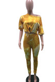 Yellow Blends Lightly cooked Print Tie Dye Straight Long Sleeve Two Pieces