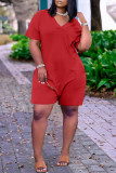 Red Fashion Casual Solid Basic V Neck Regular Rompers