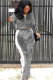 Grey Elastic Fly Long Sleeve Mid Patchwork Solid Straight Pants Two-piece suit