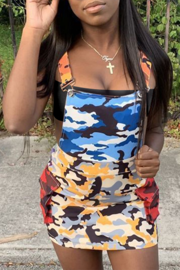 Multi-color Sexy Camouflage Print Patchwork Square Collar Strap Dress Dresses