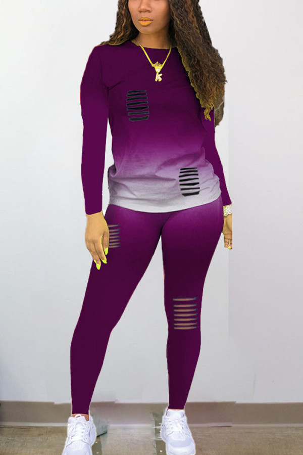 purple Sexy Print Hole Regular Long Sleeve Two Pieces
