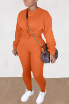 Orange Casual Solid O Neck Long Sleeve Two Pieces