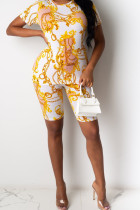 Yellow Polyester Casual Print Straight Short Sleeve Two Pieces