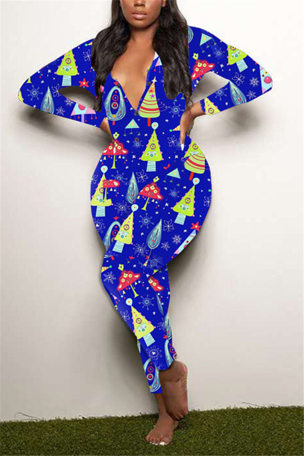 Blue Casual Living Print Basic V Neck Regular Jumpsuits