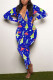 Blue Casual Living Print Basic V Neck Regular Jumpsuits