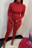 Red Polyester Casual Two Piece Suits Solid pencil Long Sleeve Two-piece Pants Set