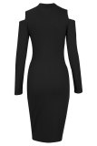 Black Fashion Sexy Off The Shoulder Long Sleeves O neck Pencil Dress Knee-Length Solid Paisley Patchwork