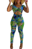 Blue Fashion Sexy Print Short Sleeve V Neck Jumpsuits