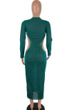Green Sexy Cap Sleeve Long Sleeves O neck Step Skirt Ankle-Length hollow out asymmetrical Solid