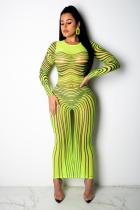 Green Polyester Fashion Sexy Cap Sleeve Long Sleeves O neck Pencil Dress Ankle-Length Print Patchwork