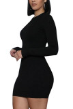 Red Fashion Daily Adult Polyester Solid Split Joint O Neck Long Sleeve Mini Pencil Skirt Dresses