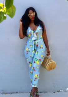Light Blue Polyester Hollow Out Bandage Patchwork Print Fashion sexy Jumpsuits & Rompers