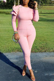 Pink Work Daily Solid Patchwork Flounce O Neck Long Sleeve Two Pieces