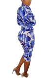 Blue Milk. Fashion Casual adult Ma'am Cap Sleeve Long Sleeves O neck Step Skirt Mid-Calf Print chain Dresses