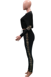 Black Casual Leopard Patchwork O Neck Long Sleeve Two Pieces