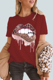 Wine Red Casual Print Split Joint O Neck Tops