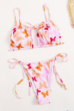 White Pink Sexy Butterfly Print Backless Swimwears