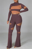Purplish Red Fashion Casual Patchwork Ripped O Neck Long Sleeve Two Pieces