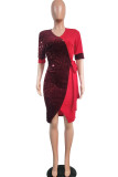 Red Sweet Cap Sleeve Half Sleeves O neck Step Skirt Knee-Length Patchwork Sequin Solid Club D