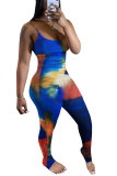 Blue Fashion Sexy Print Patchwork Tie-dyed Polyester Sleeveless Slip Jumpsuits