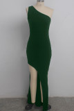Green Polyester Sexy One Shoulder Sleeveless one shoulder collar Step Skirt Floor-Length Solid Patchwork