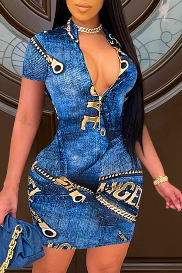 The cowboy blue Sexy Print Patchwork V Neck Pencil Skirt Dresses