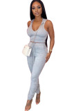 Grey adult Active Fashion Draped Patchwork Two Piece Suits Bandage Solid pencil Sleeveless 