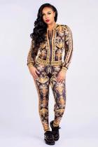 multicolor Polyester Fashion Sexy adult Print Two Piece Suits Patchwork Straight Long Sleeve Two-piece Pants S