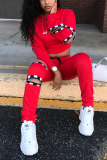Red Street Patchwork Hollowed Out Hooded Collar Long Sleeve Two Pieces